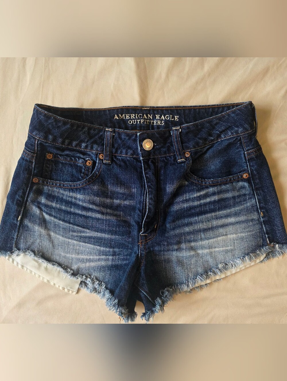 American Eagle Dark Blue Frayed Hem Denim Shorts